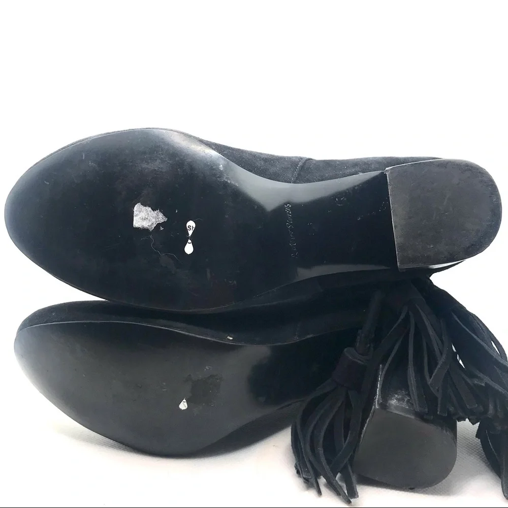 & OTHER STORIES BLACK SUEDE HEELED BOOTS WITH FRINGE TASSEL ANKLE DETAILS (6.5)